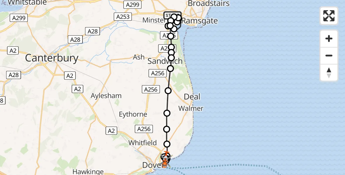 Flight route map: Coastguard Helicopter to St. Margaret's at Cliffe, Upper Road