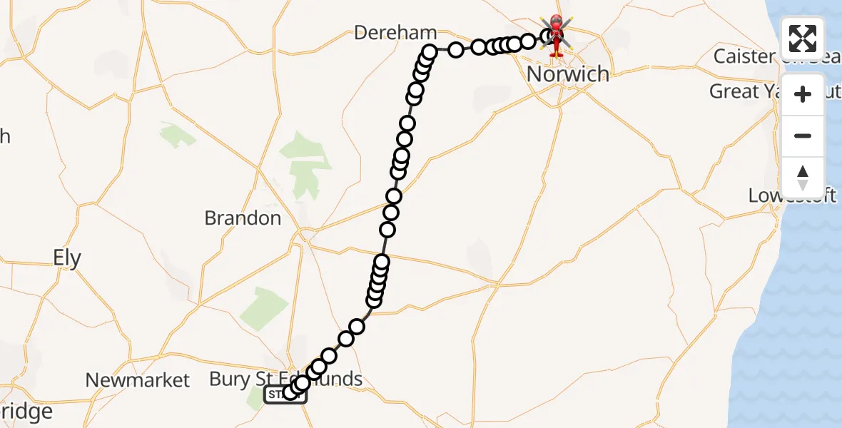 Routekaart van de vlucht: Air Ambulance Helicopter to Norwich Airport, Norwich Airport