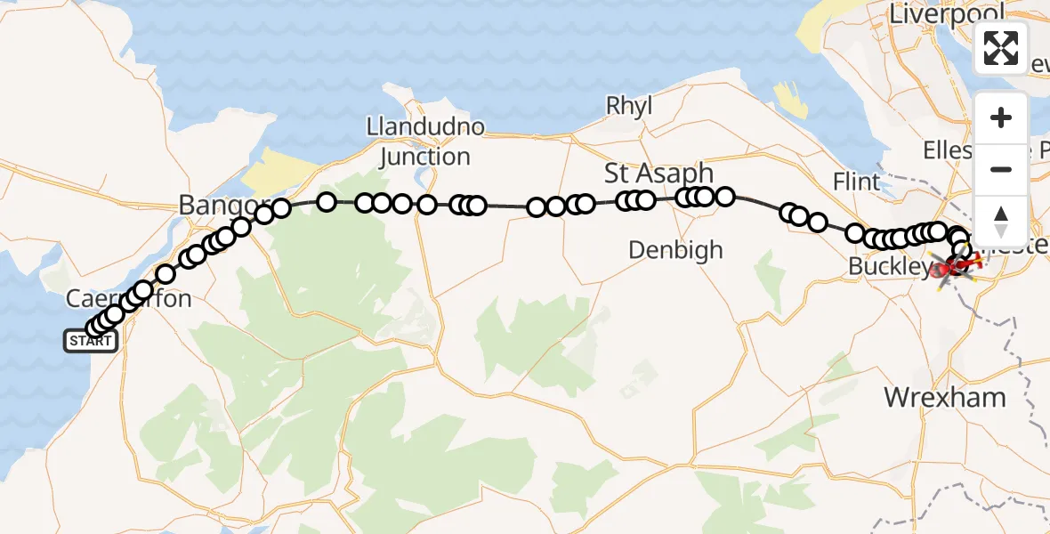 Flight route map: Air Ambulance Helicopter to Bretton, Bretton Road