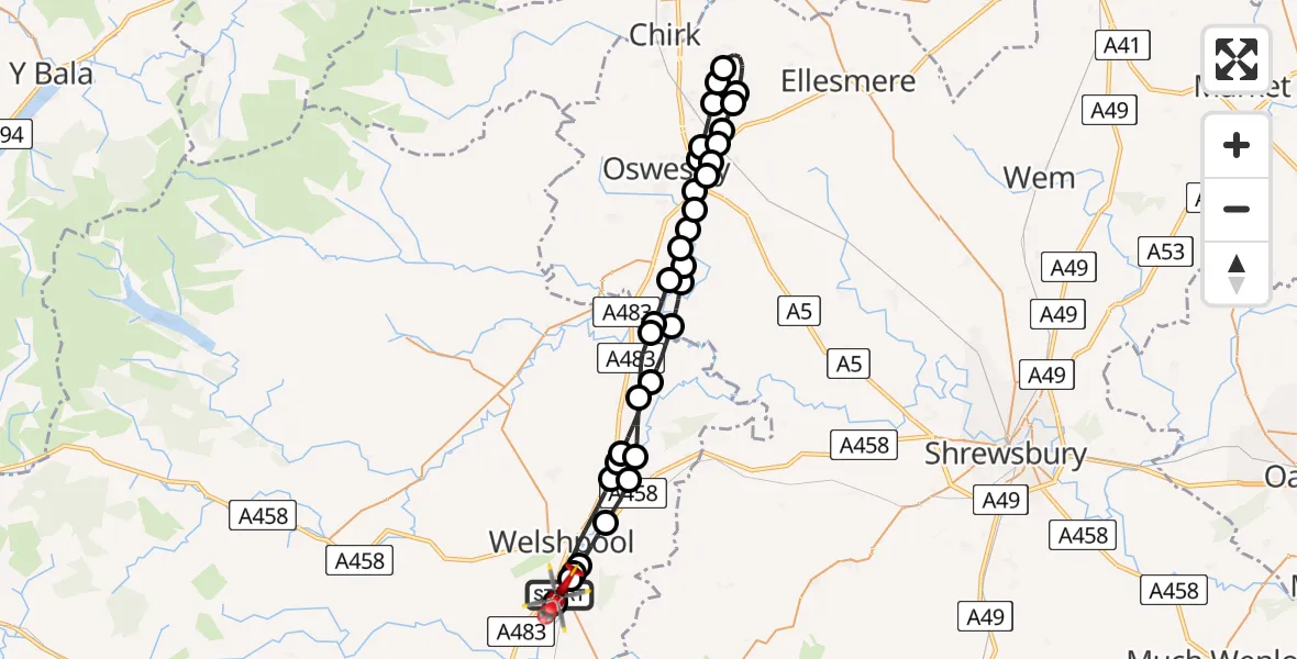 Flight route map: Air Ambulance Helicopter to Welshpool Airport, Welshpool Airport
