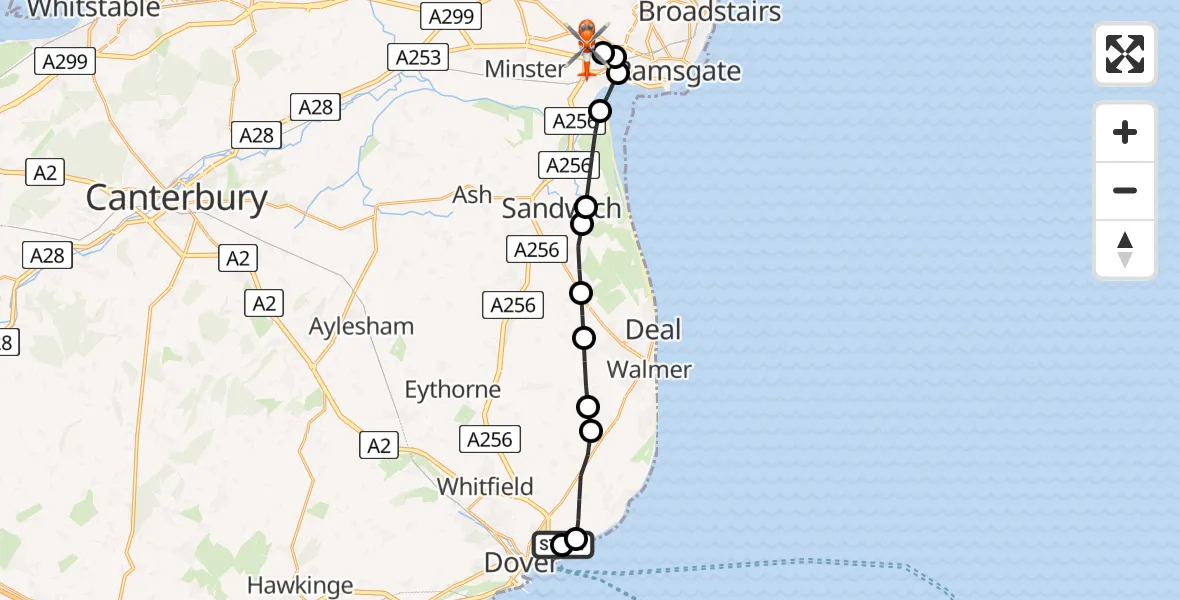 Flight route map: Coastguard Helicopter to Manston Airport, Manston Airport