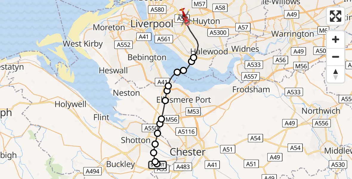 Flight route map: Air Ambulance Helicopter to Liverpool, Little Bongs