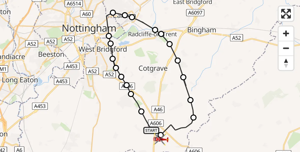 Routekaart van de vlucht: Air Ambulance Helicopter to Rushcliffe, Folly Hall Lane