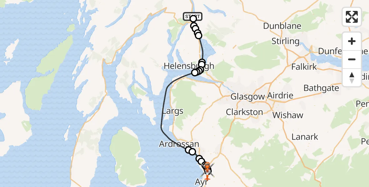 Flight route map: Coastguard Helicopter to Glasgow Prestwick Airport, Glasgow Prestwick Airport