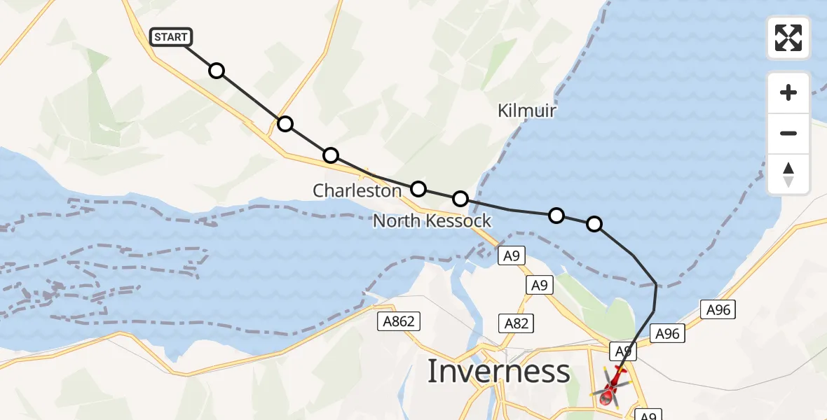 Flight route map: Air Ambulance Helicopter to Inverness, Sir Walter Scott Drive