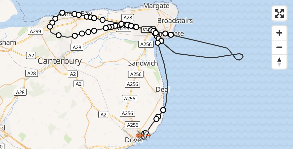 Flight route map: Coastguard Helicopter to St. Margaret's at Cliffe, Upper Road