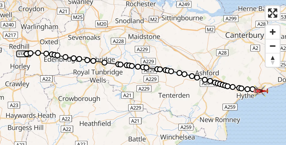 Flight route map: Air Ambulance Helicopter to Folkestone, Radnor Park Road