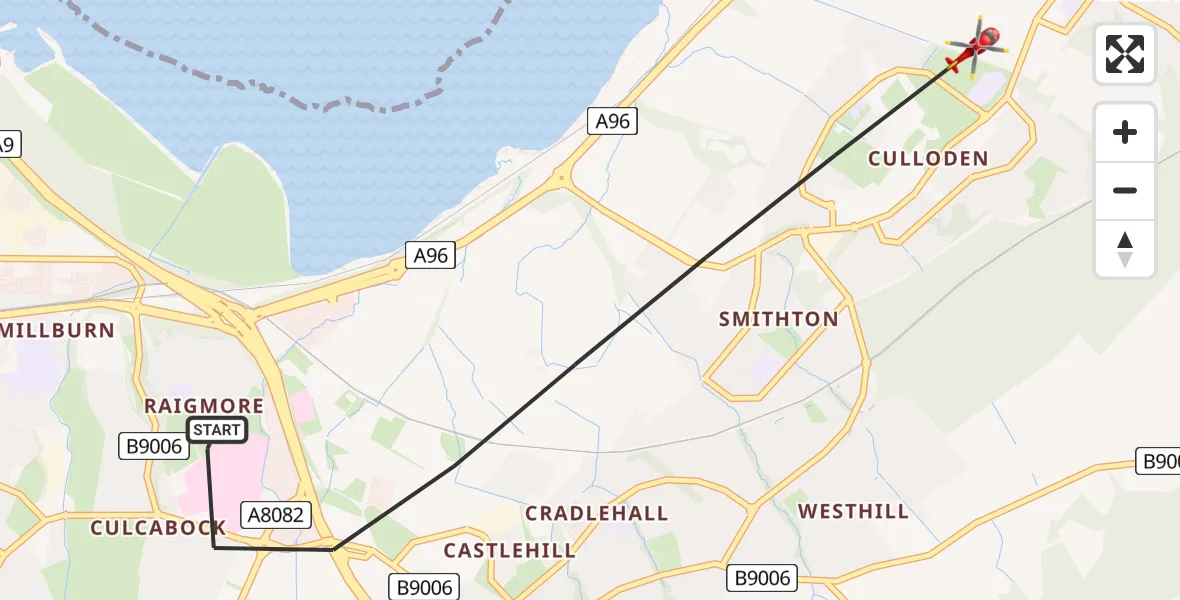 Flight path map showing Air Ambulance Helicopter route from Inverness to Inverness