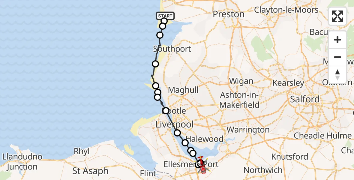 Flight route map: Air Ambulance Helicopter to Thornton le Moors, Oil Sites Road