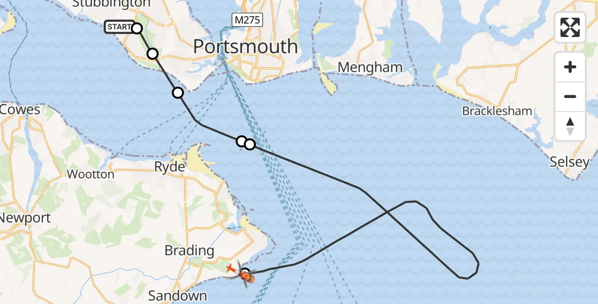 Flight route map: Coastguard Helicopter to Bembridge, Culver Down Road