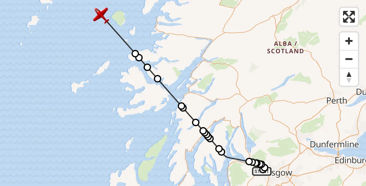 Flight path map showing Air Ambulance Aircraft route from Glasgow Airport to Inner Seas