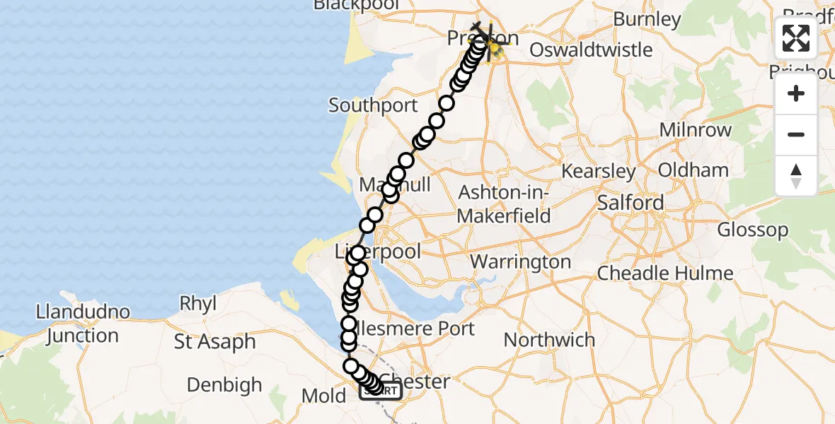 Flight route map: Police Helicopter to Preston, James Street