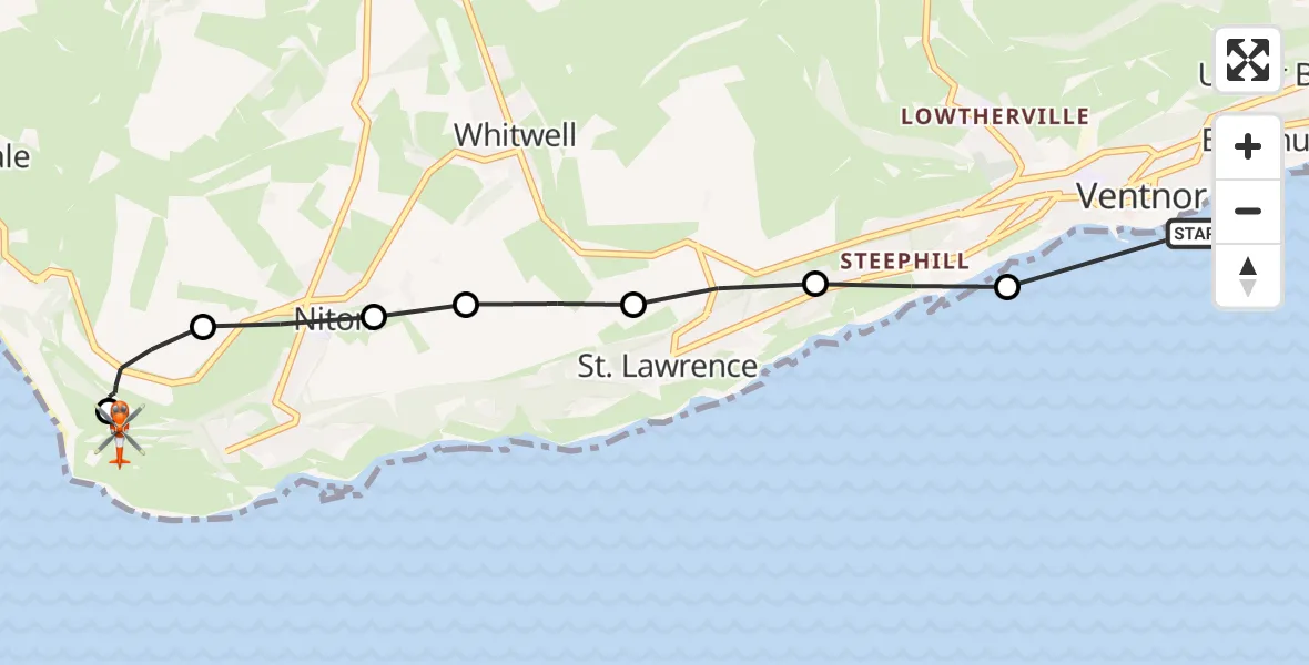 Flight route map: Coastguard Helicopter to Niton and Whitwell, Old Blackgang Road