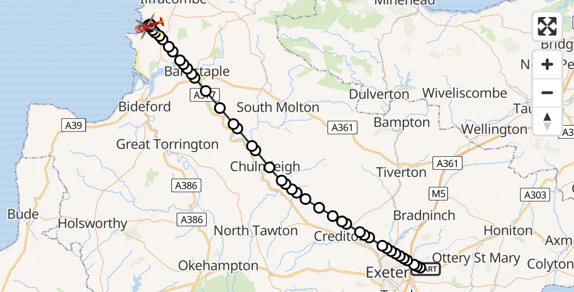 Flight route map: Air Ambulance Helicopter to North Devon, Barton Close Lane