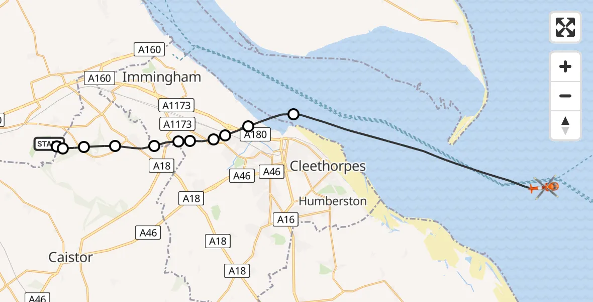 Flight route map: Coastguard Helicopter to North Sea, North Sea