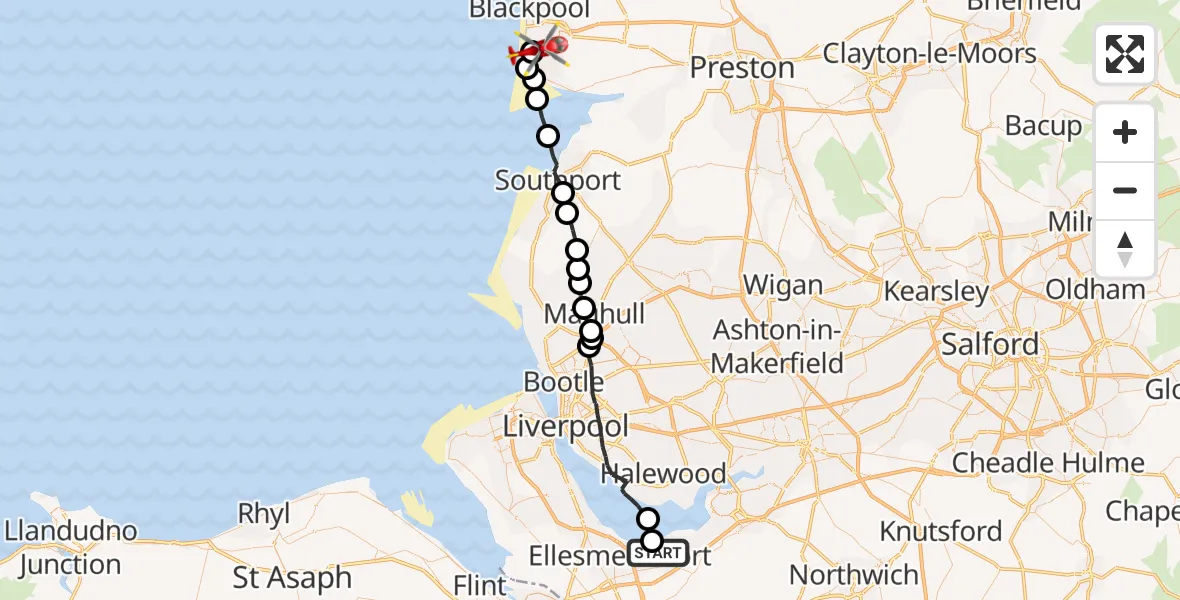 Routekaart van de vlucht: Air Ambulance Helicopter to Blackpool Airport, Blackpool Airport