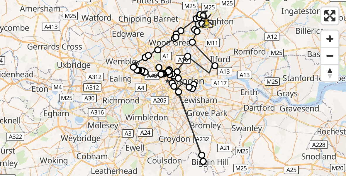 Flight route map: Police Helicopter to Metropolitan Police Air Support Unit Lippitts Hill, Metropolitan Police Air Support Unit Lippitts Hill