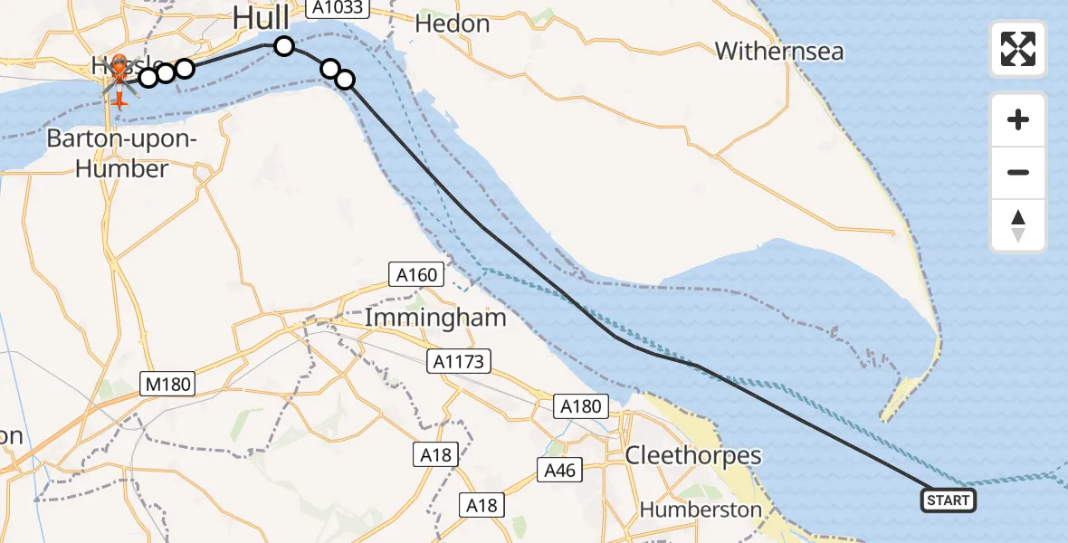 Flight route map: Coastguard Helicopter to Hessle, Redcliff Road