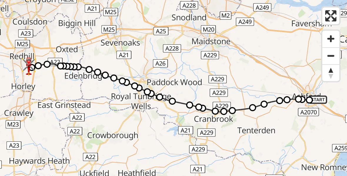 Routekaart van de vlucht: Air Ambulance Helicopter to Redhill Aerodrome, Redhill Aerodrome