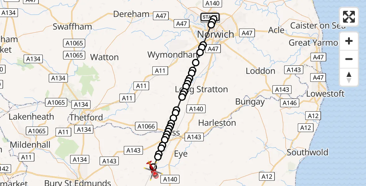 Flight route map: Air Ambulance Helicopter to Finningham, Wickham Road