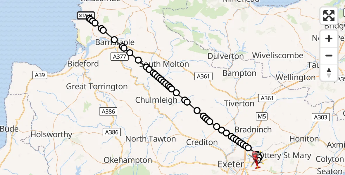 Flight route map: Air Ambulance Helicopter to Exeter International Airport, Exeter International Airport