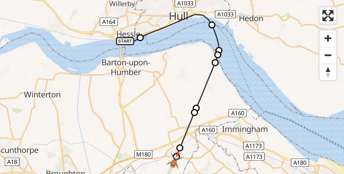 Flight route map: Coastguard Helicopter to Humberside Airport, Humberside Airport