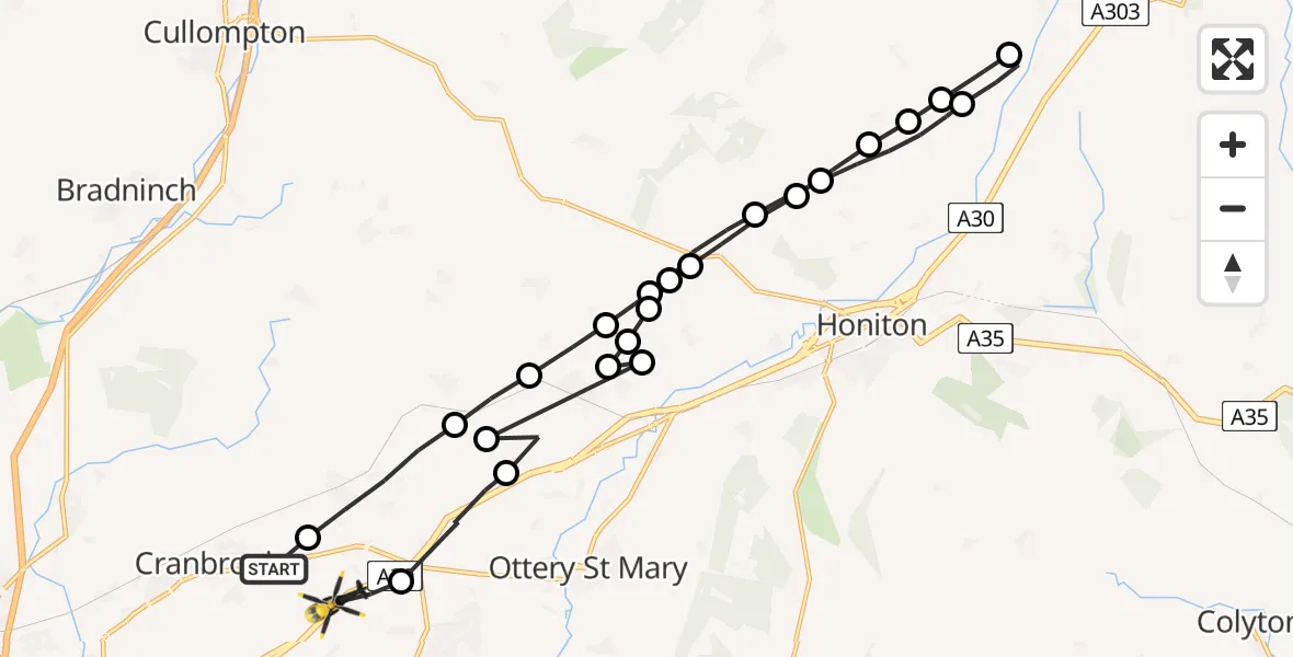 Routekaart van de vlucht: Police Helicopter to Whimple, A30