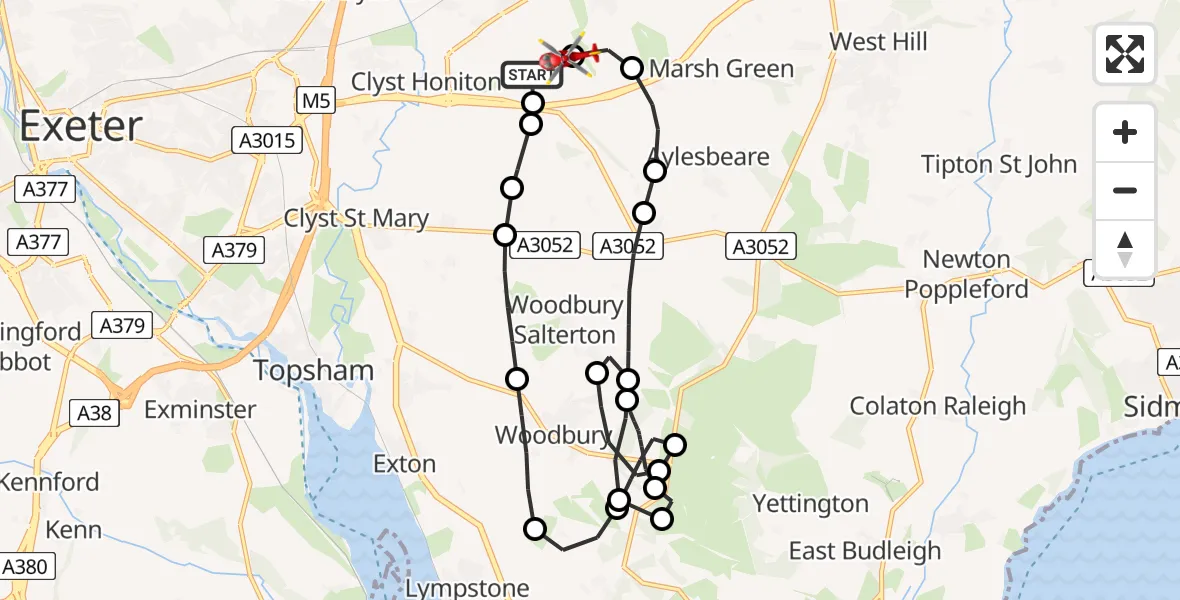 Flight path map showing Air Ambulance Helicopter route from Exeter International Airport to Exeter International Airport