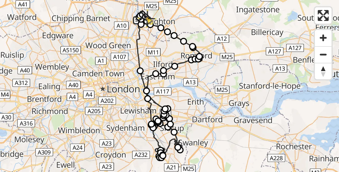 Flight route map: Police Helicopter to Metropolitan Police Air Support Unit Lippitts Hill, Metropolitan Police Air Support Unit Lippitts Hill