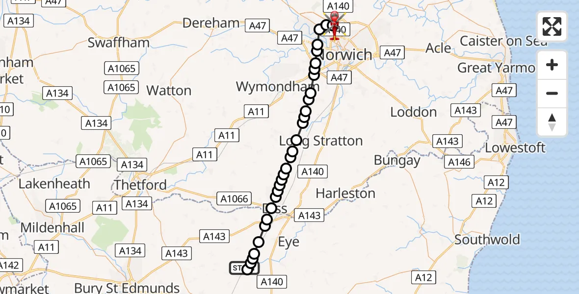 Routekaart van de vlucht: Air Ambulance Helicopter to Norwich Airport, Norwich Airport