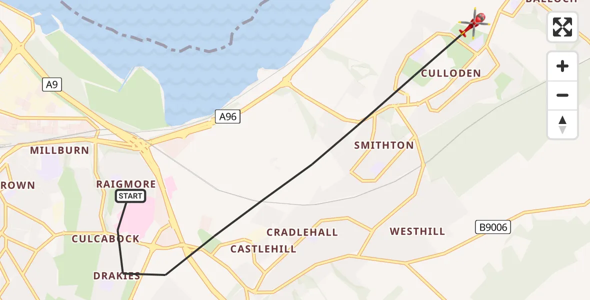 Flight path map showing Air Ambulance Helicopter route from Inverness to Inverness