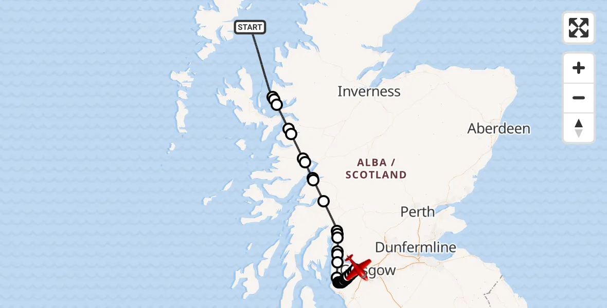 Flight path map showing Air Ambulance Aircraft route from Inner Seas to Glasgow Airport