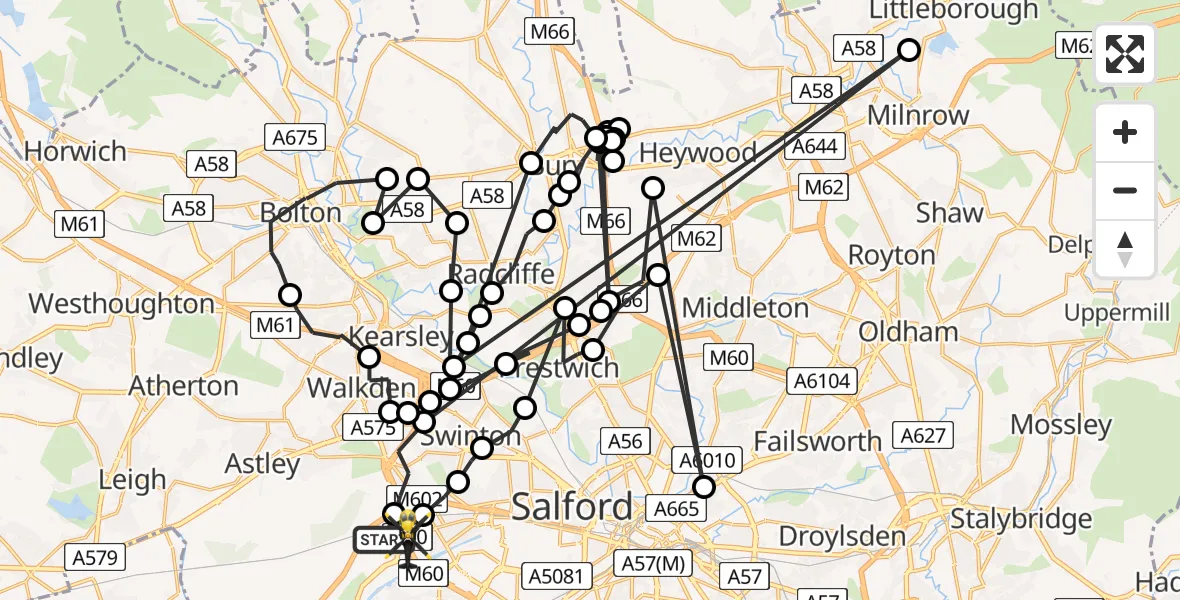 Flight route map: Police Helicopter to Worsley, Stretford-Eccles By-Pass