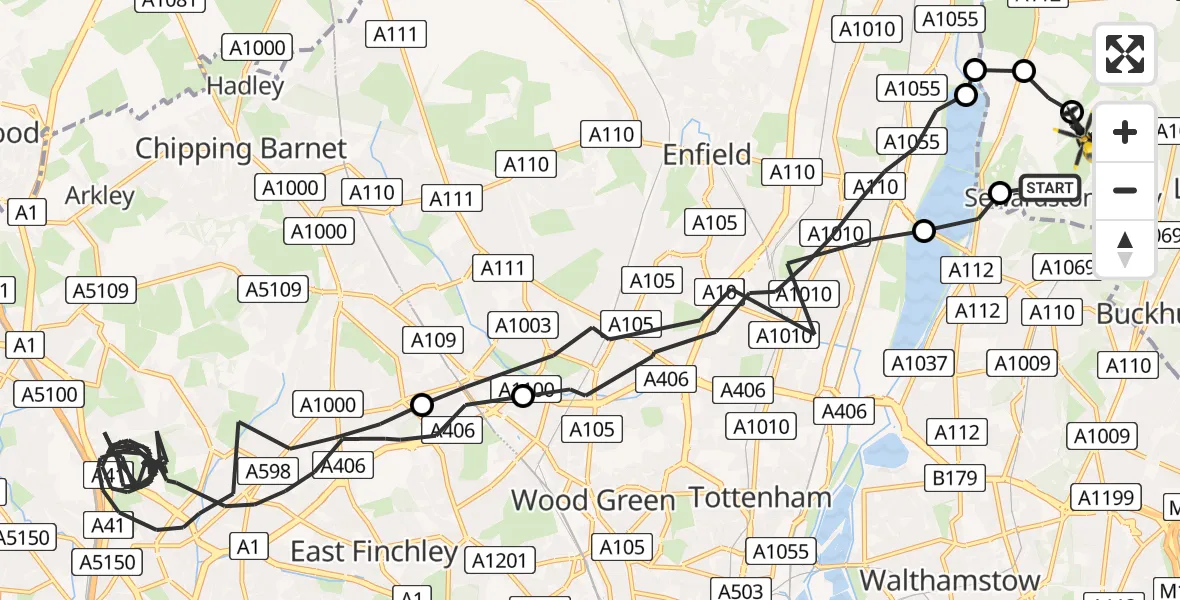Flight route map: Police Helicopter to Sewardstonebury, Bury Road
