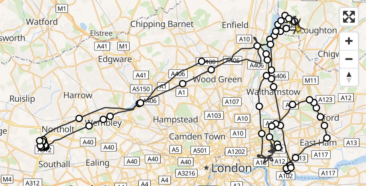 Flight route map: Police Helicopter to Sewardstonebury, Lippitts Hill