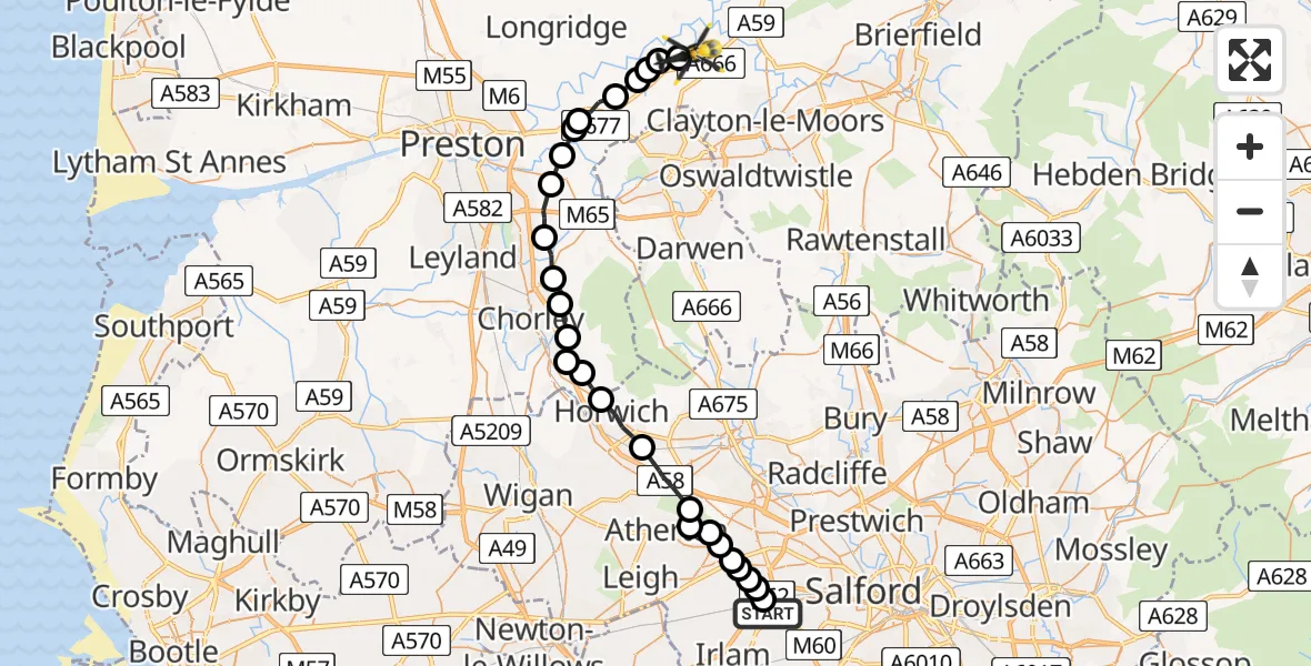 Routekaart van de vlucht: Police Helicopter to Brockhall Village, Ribchester Road