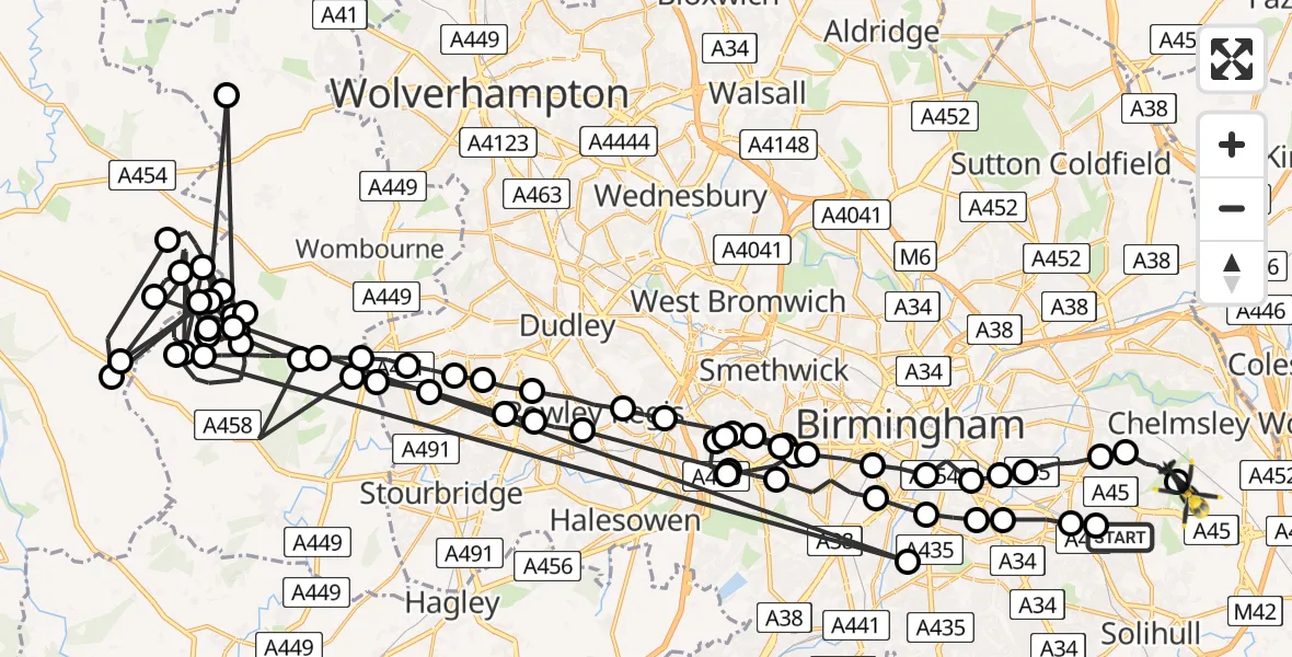 Flight route map: Police Helicopter to Birmingham, Coventry Road