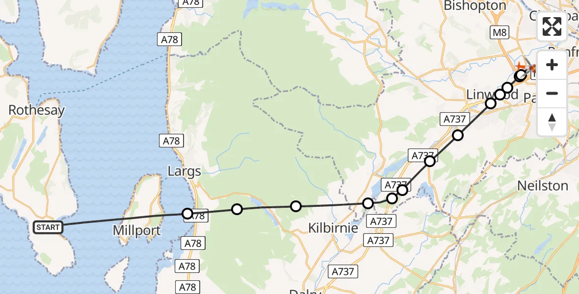 Flight path map showing Coastguard Helicopter route from Inner Seas to Glasgow Airport