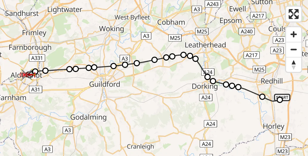 Flight route map: Air Ambulance Helicopter to Aldershot, Cassino Close