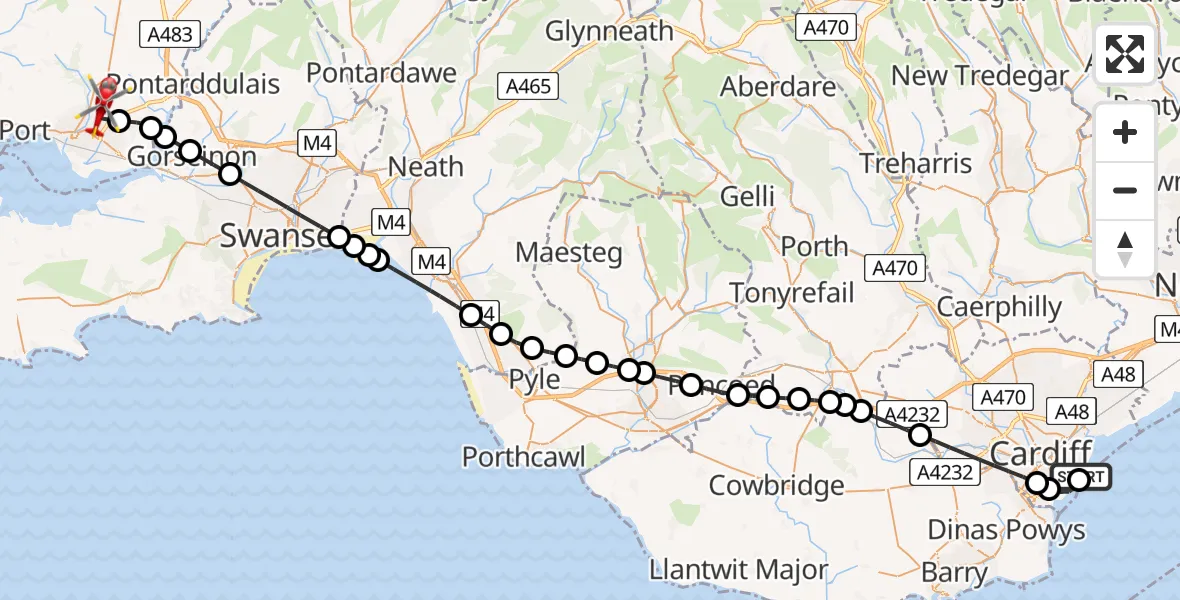 Flight route map: Air Ambulance Helicopter to Dafen, B4303