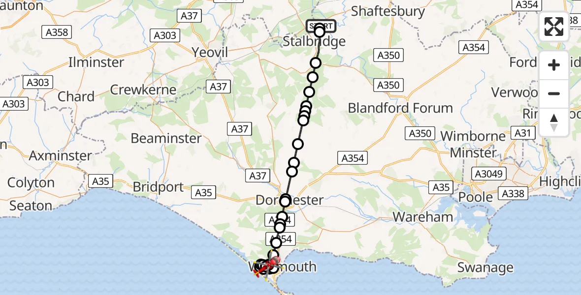 Flight route map: Air Ambulance Helicopter to Weymouth, Chickerell Road