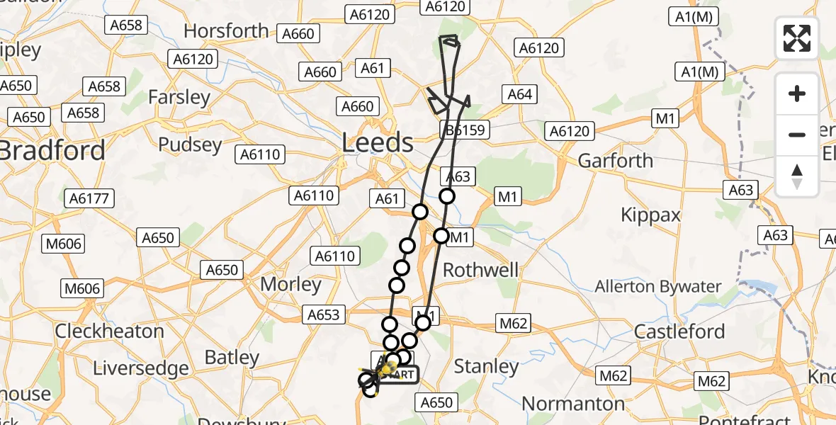 Routekaart van de vlucht: Police Helicopter to Wakefield, A650