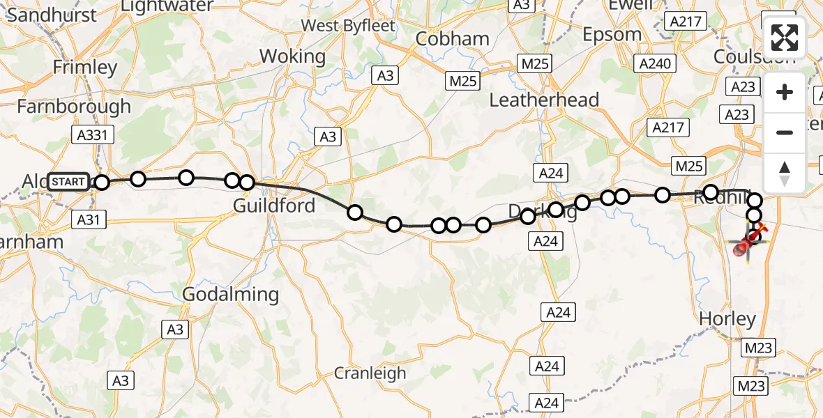 Flight route map: Air Ambulance Helicopter to Redhill Aerodrome, Redhill Aerodrome