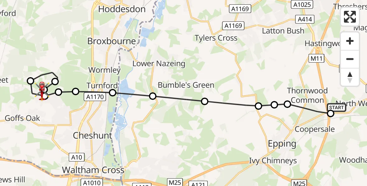 Flight route map: Air Ambulance Helicopter to Goffs Oak, Appleby Street
