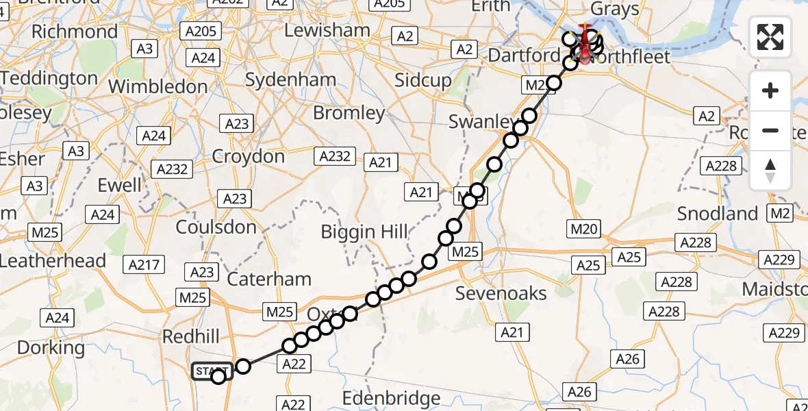 Flight route map: Air Ambulance Helicopter to Greenhithe, Ingress Park Avenue