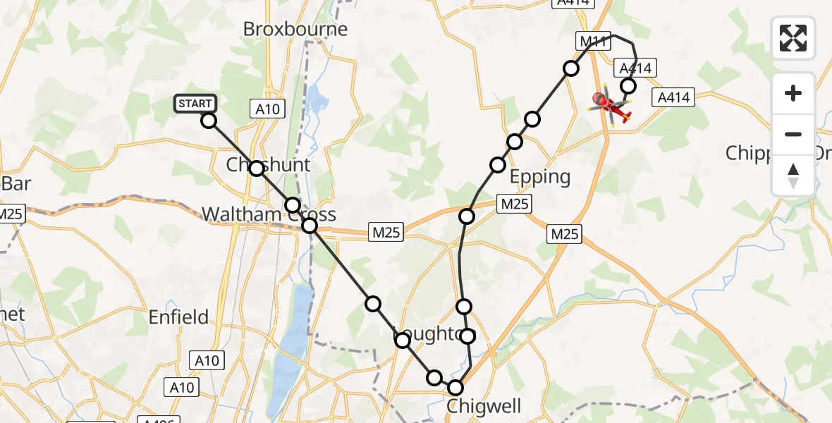 Routekaart van de vlucht: Air Ambulance Helicopter to North Weald Airfield, North Weald Airfield
