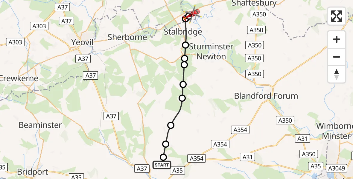 Routekaart van de vlucht: Air Ambulance Helicopter to Henstridge Airfield, Henstridge Airfield