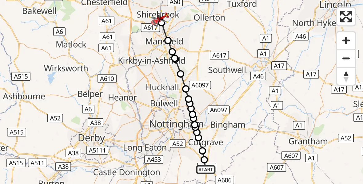 Flight route map: Air Ambulance Helicopter to Shirebrook, Coronation Drive