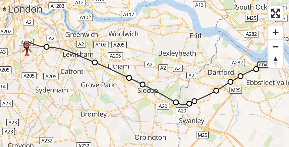 Routekaart van de vlucht: Air Ambulance Helicopter to Kings College London Hospital, Kings College London Hospital