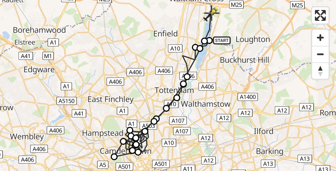Flight route map: Police Helicopter to London Borough of Enfield, Fogerty Close